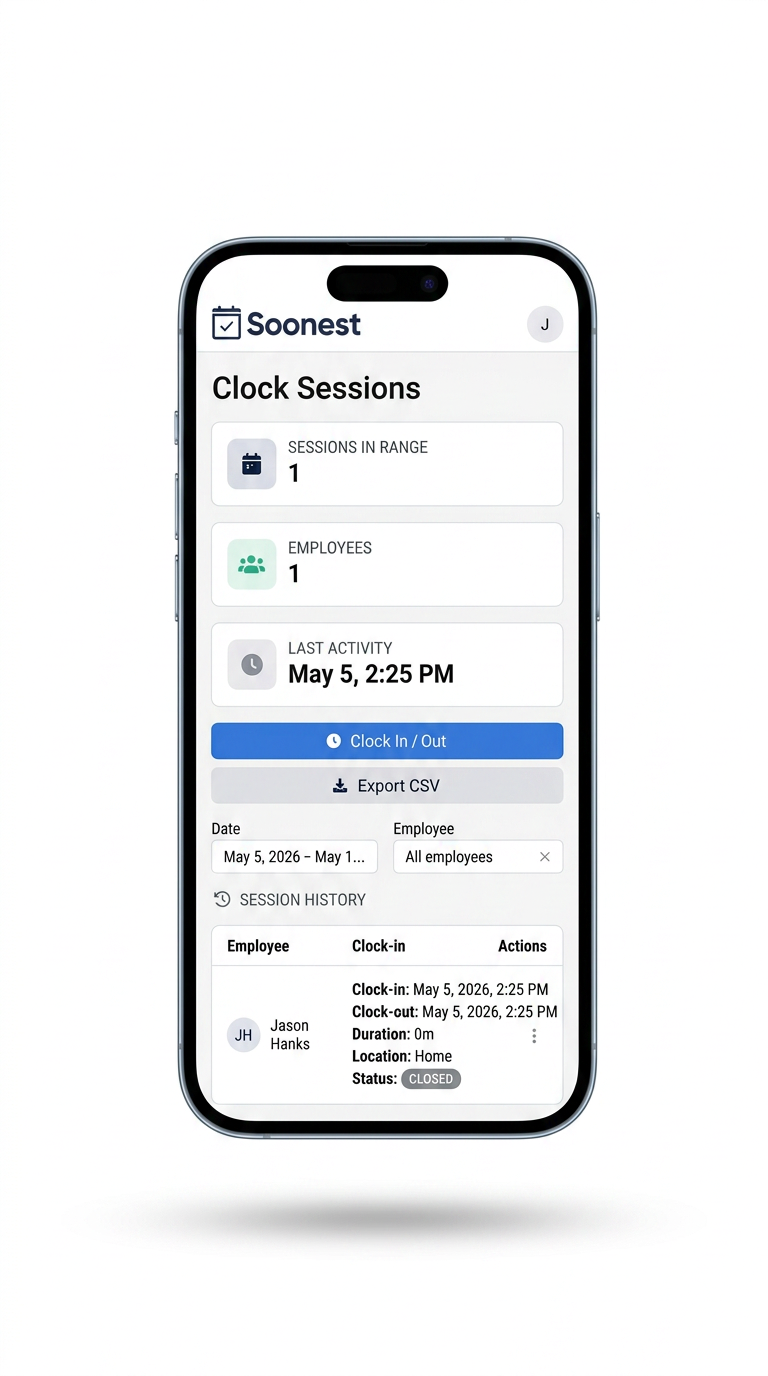 Soonest Clock Sessions — time tracking view
