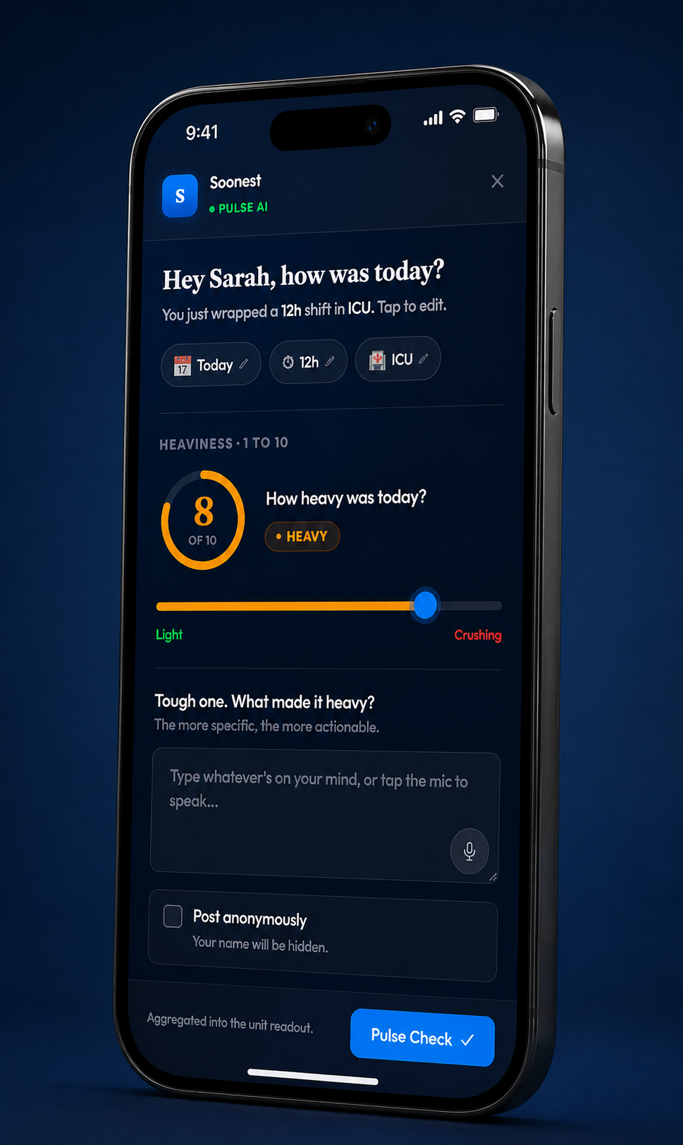 Pulse AI check-in interface on mobile
